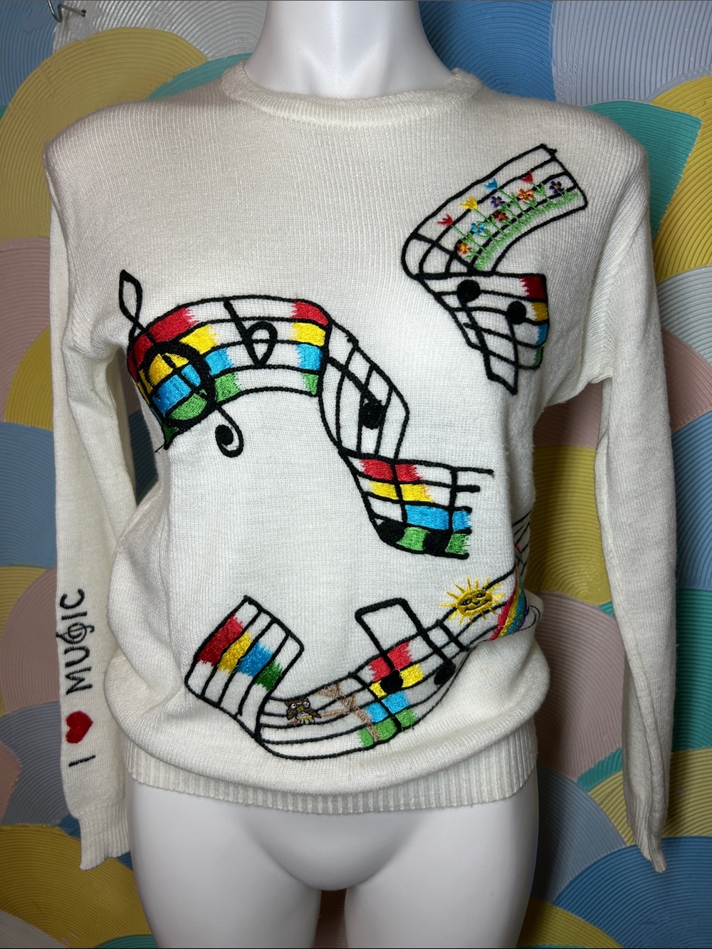 Vintage 1970s Music Themed Cream Knit Sweater with Colorful Notes